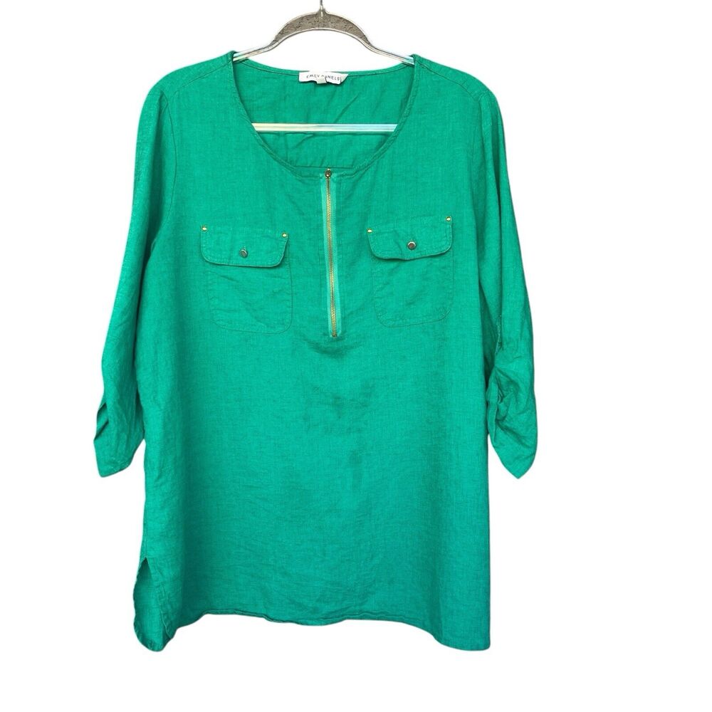 Emily Daniels Womens Linen Rayon Blouse Extra‎ Large XL 1/4 Zip Roll Tab Coastal